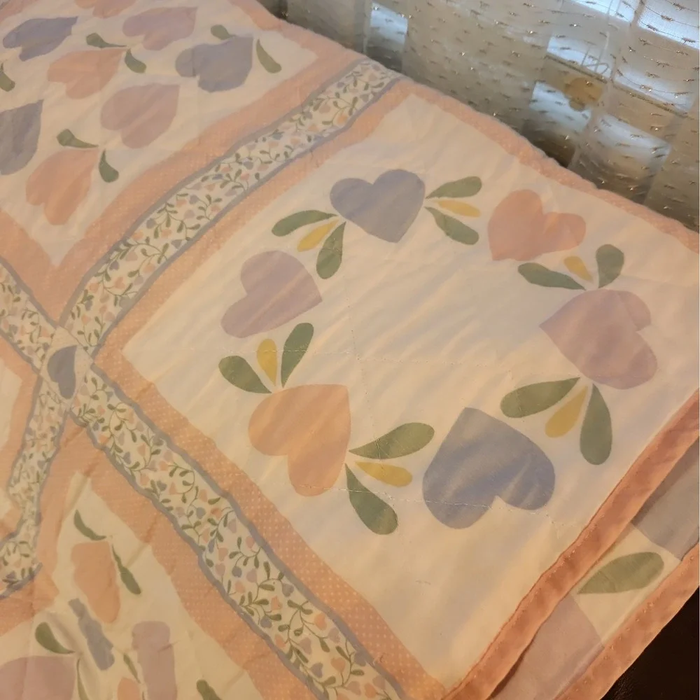 Patchwork Grandma Country Cottage Farmhouse Quilt Coverlet Hearts Queen Pink VTG